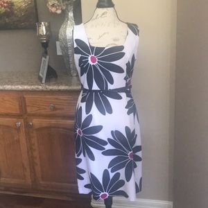 Sleeveless floral print dress with belted waist.
